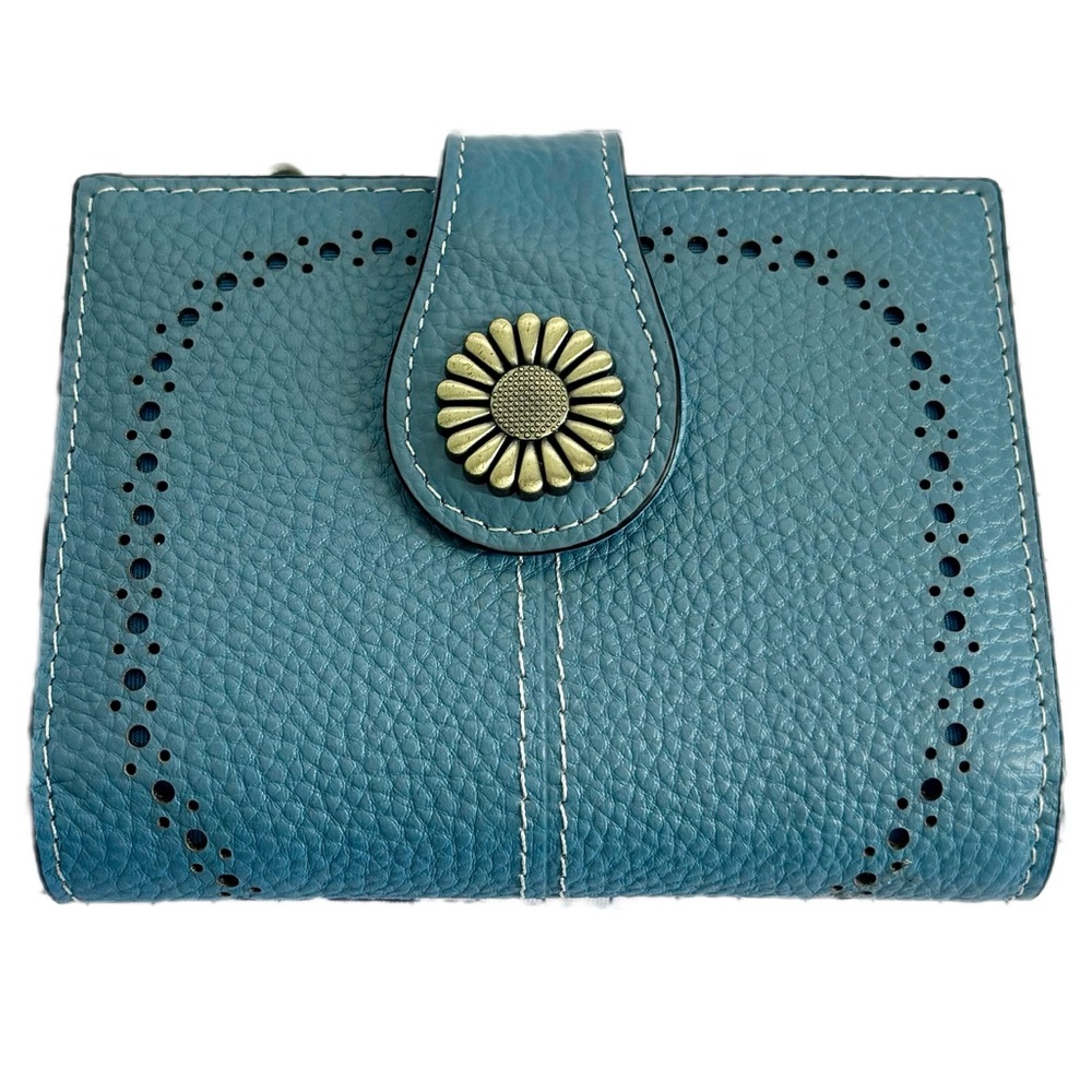 Genuine Leather RFID Blocking Blue Sunflower Snap Bifold Wallet